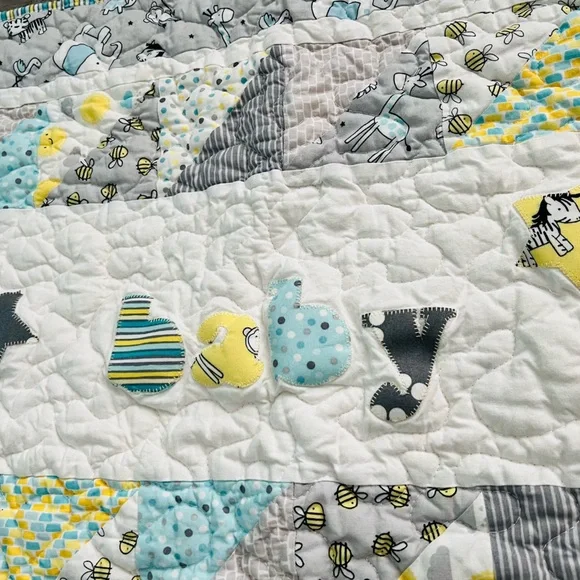 Handmade Baby Patchwork Quilt in Yellow, Aqua & Gray elephants - Picture 2 of 5